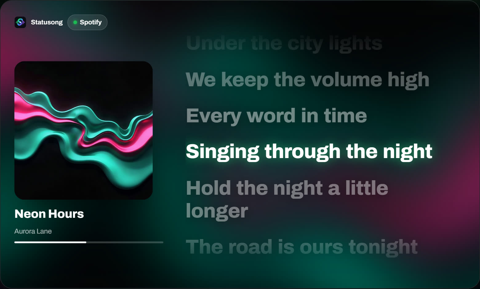 Statusong in Side by Side: the cover on the left, big synced lyrics on the right, one line lit up